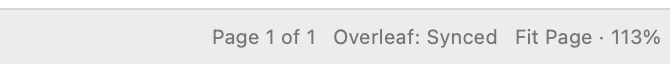 The document status bar reading Page 1 of 1, Overleaf: Synced, Fit Page, 113 percent.