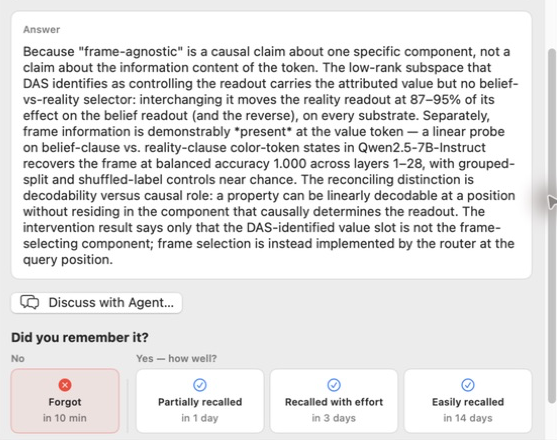 A revealed paper-quiz answer with a Discuss with Agent button and a compact strip of four recall choices with review intervals.