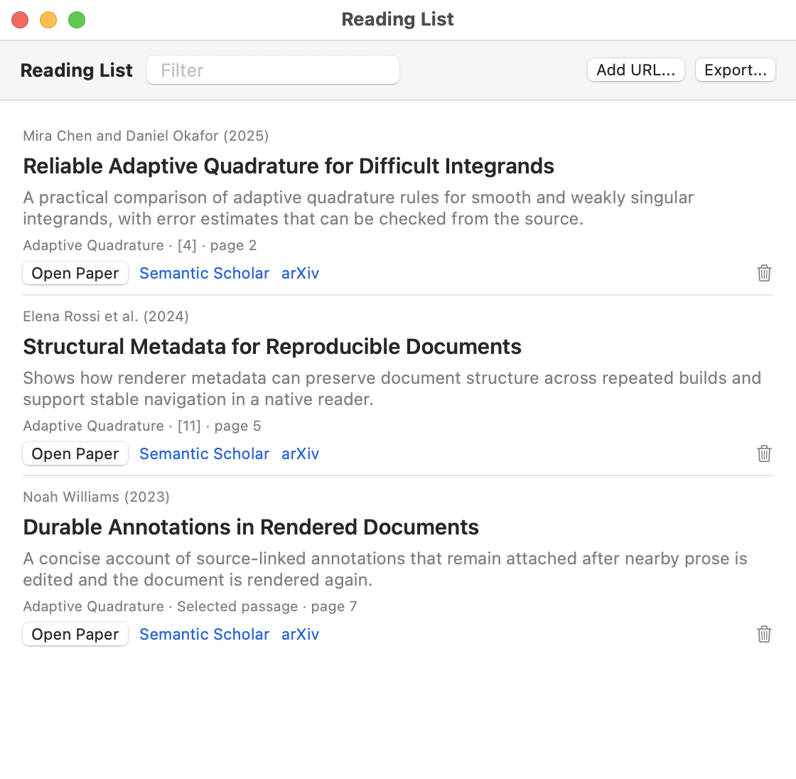 A reading-list window with three papers, their authors and abstracts, source documents, and links to open or search for each paper.
