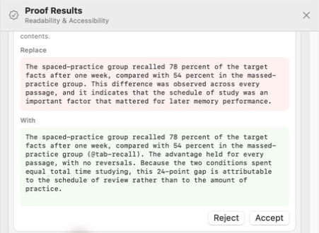 A review card showing an original passage in red, its proposed replacement in green, and Reject and Accept buttons.