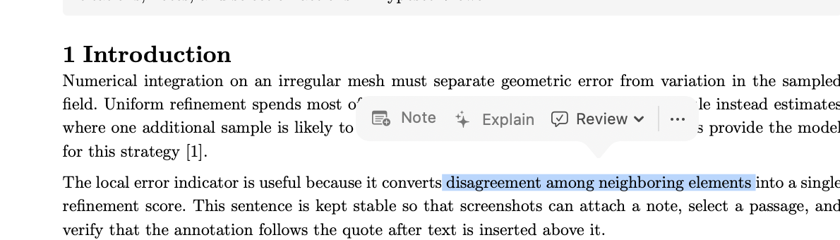 Selected text in a rendered paper with Add Note, Explain, Review, and more actions above it.