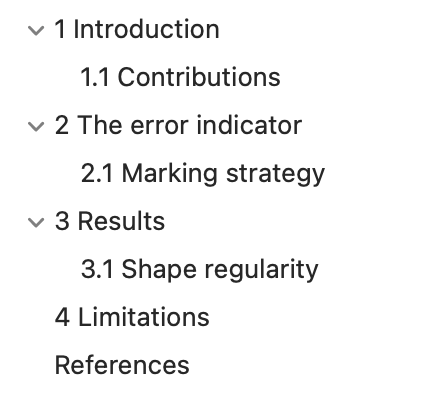 A table of contents sidebar listing numbered sections and subsections.